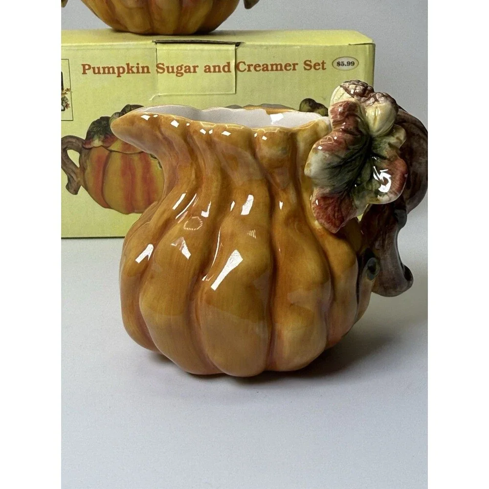 Vintage Ceramic Pumpkin Patch Sugar Bowl Creamer Set Fall Harvest 1990s